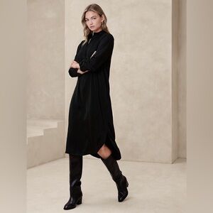 NWT! BANANA REPUBLIC BLACK MANDARIN-COLLAR MIDI SHIRTDRESS - SMALL PETITE